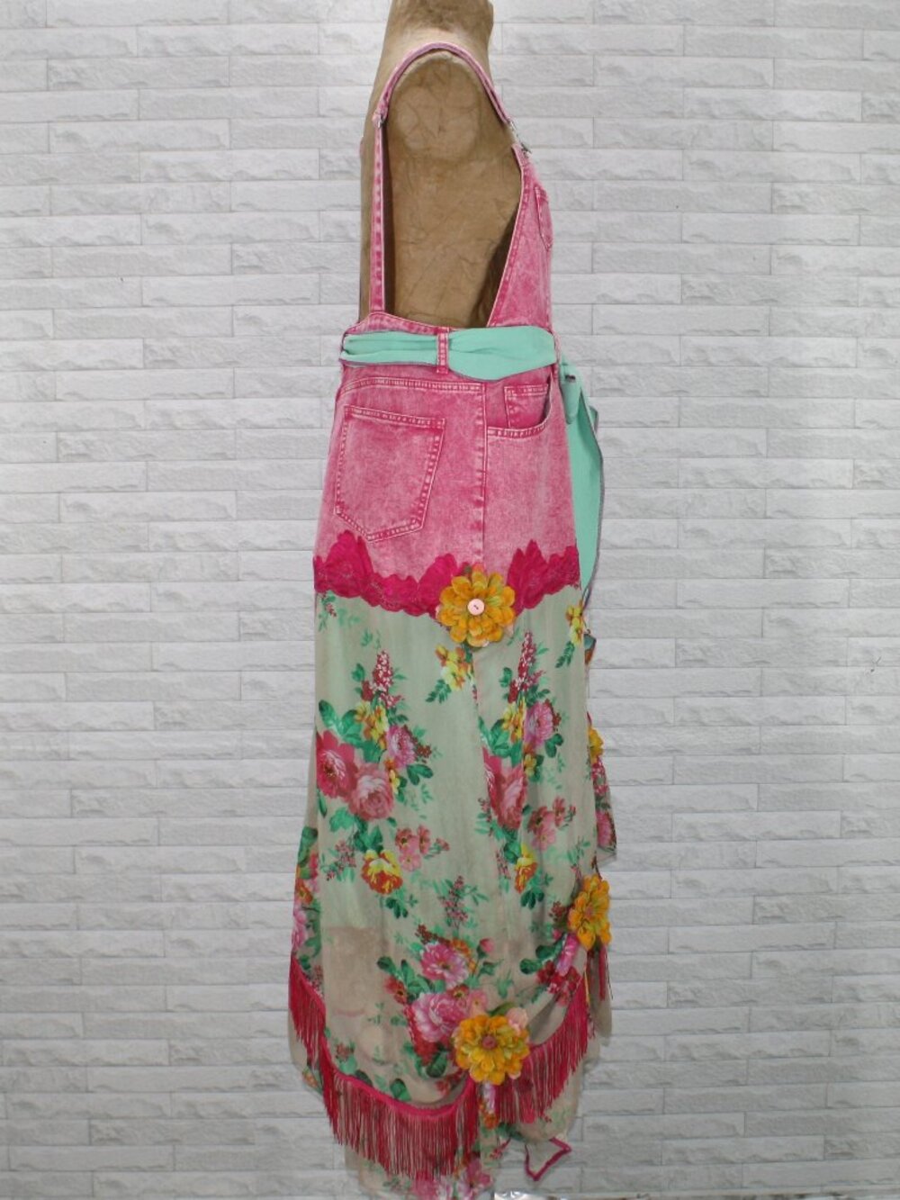 HAND CRAFTED Overalls Denim Jean Dress Upcycled Retro Boho Floral Pink Large - Picture 5 of 16